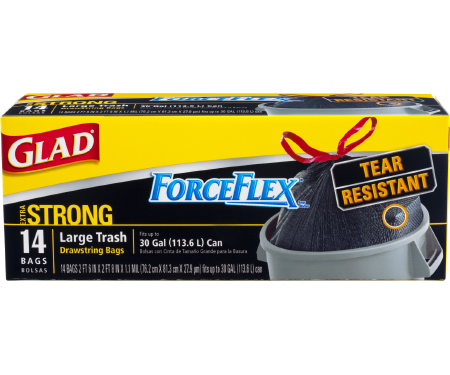 Glad ForceFlex Trash Drawstring Black 30 Gallon 12/14 Count - C38 70419